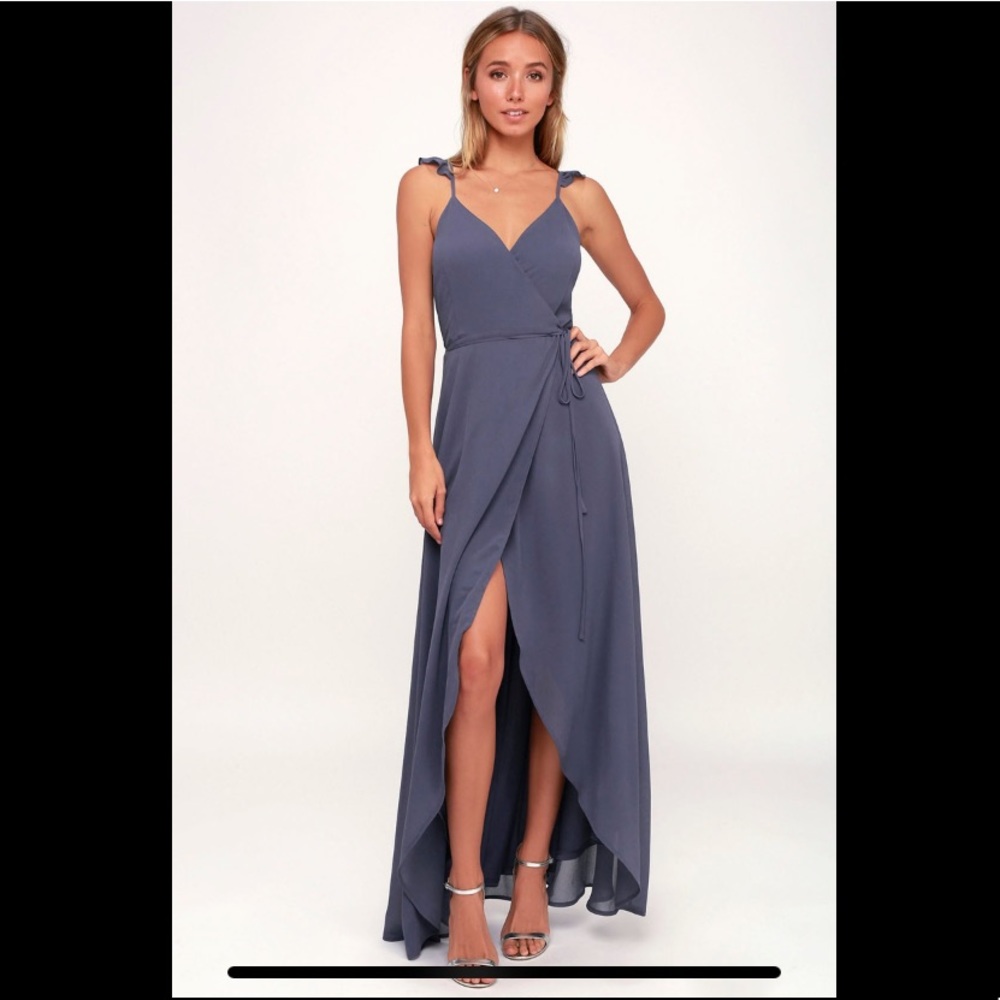 Here’s to us denim blue high-low wrap dress